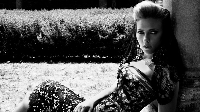 Scarlett Johansson in a black and white fashion photoshoot