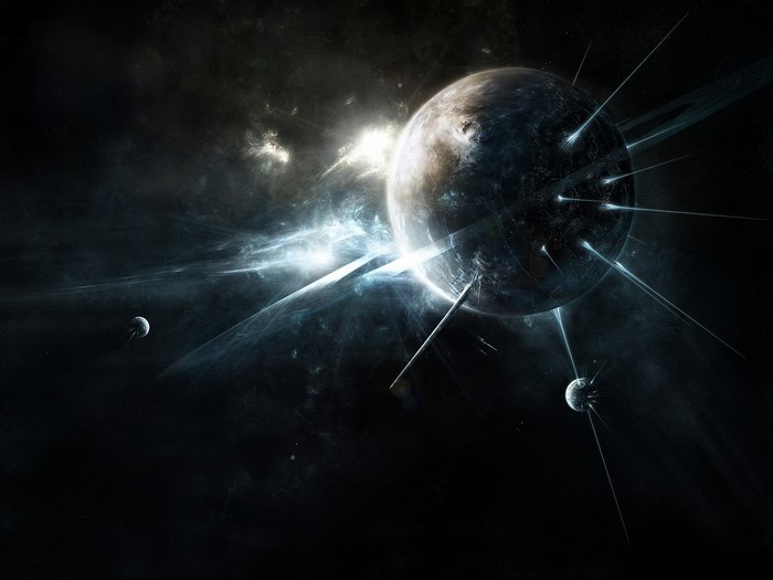 Planet with light beams and moons in space