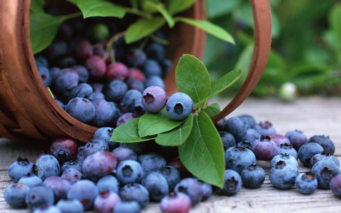 Blueberries spilling from a basket onto a wooden surface