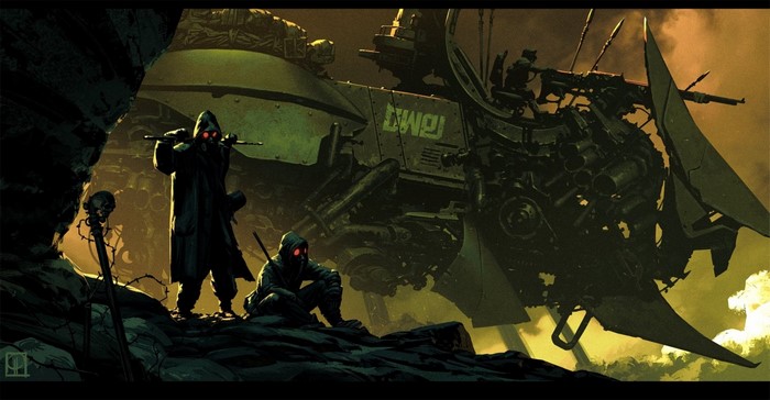 Grzegorz Przyby's post-apocalyptic scene with figures and vehicle