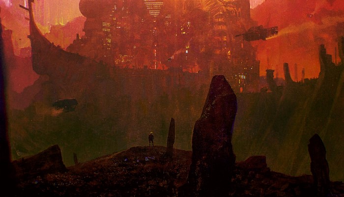 Science fiction city with flying vehicles and a lone figure