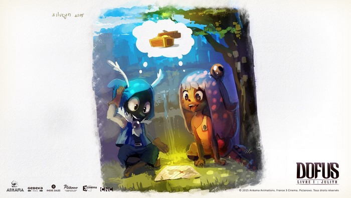 Two characters from Dofus Livre 1: Julith looking at a map