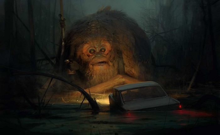 Artwork by Sergey Kolesov: Creature and car in a dark forest