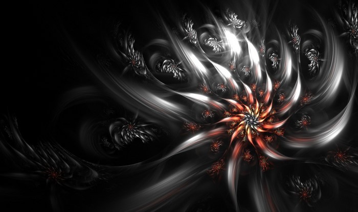 Fractal art with glowing spiral and dark background