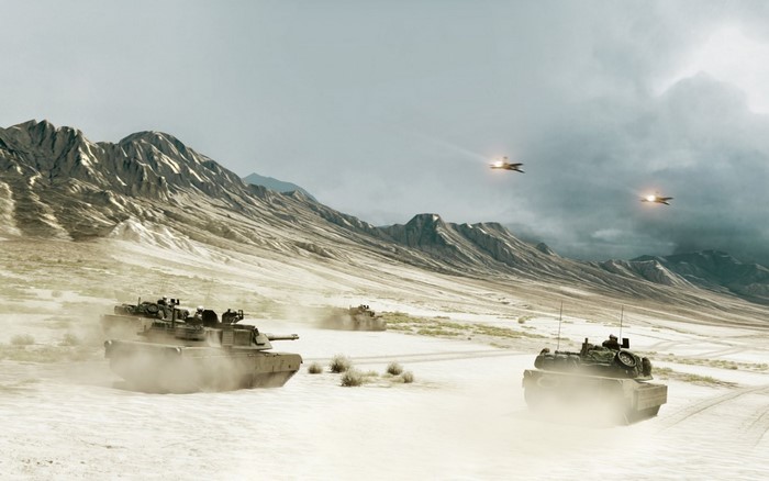 Tanks and jets in a desert landscape