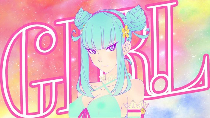 Anime girl with blue hair and pink background
