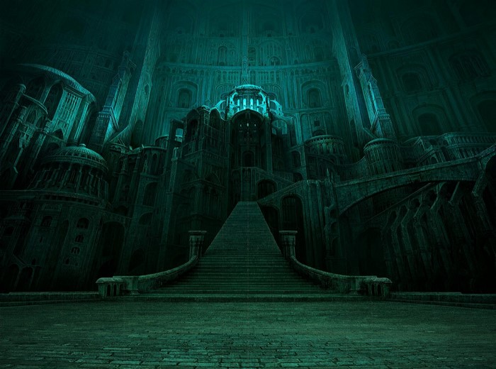 Fantasy art of a dark, ancient city with glowing lights