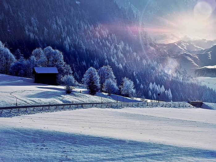 Snowy mountain landscape with forest and cabin