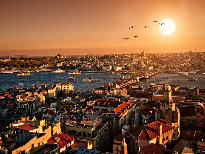 Istanbul cityscape at sunset with Golden Horn and Bosphorus