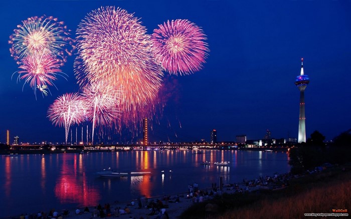 Fireworks over Rhine River in Dusseldorf, Germany