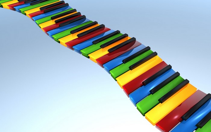 Colorful piano keys on a blue background