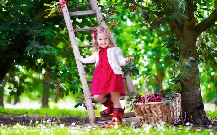 Girl picking cherries from a ladder in a garden
