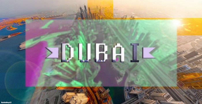Dubai city skyline with text overlay
