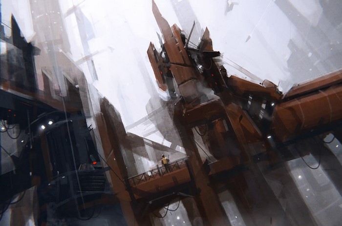 Futuristic industrial complex with a lone figure