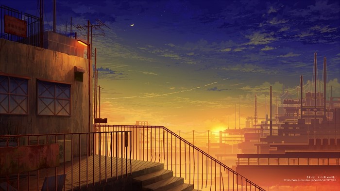 Anime Cityscape at Sunset with Industrial Buildings