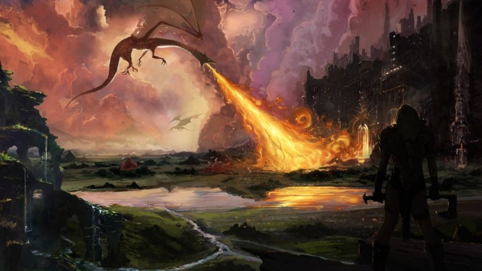 Dragon breathing fire on a fantasy landscape