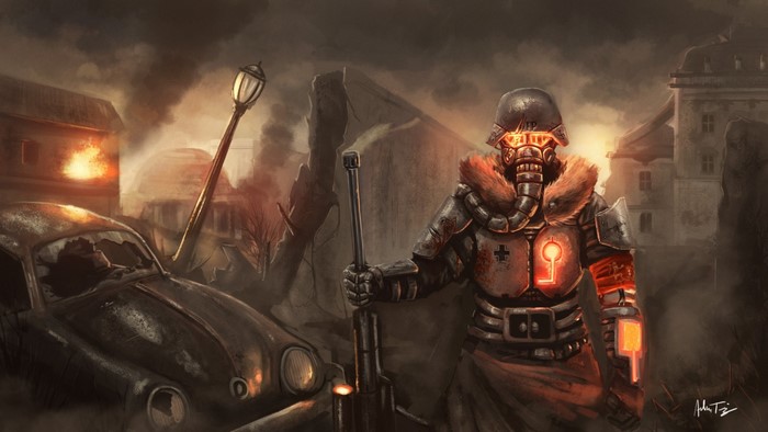 Soldier in armor with gas mask and rifle in ruined city