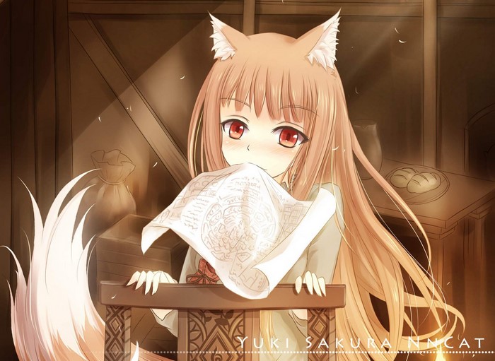 Holo from Spice and Wolf holding a scroll
