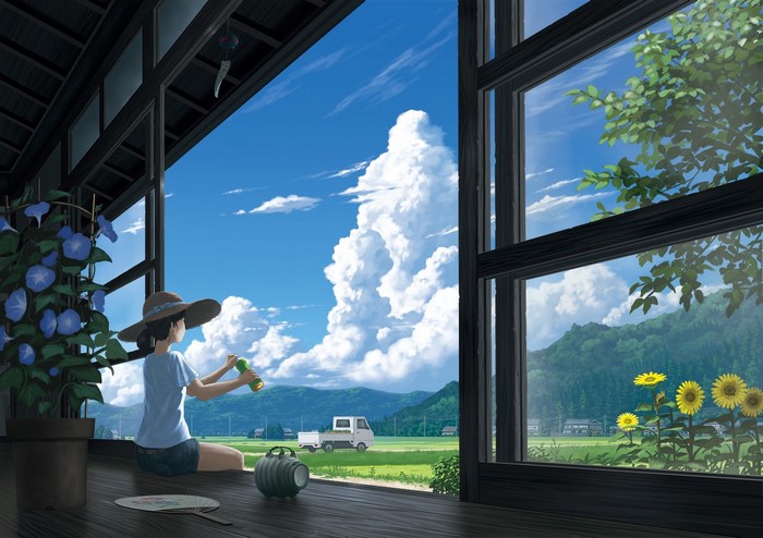Girl watering flowers on a porch with a view of the countryside