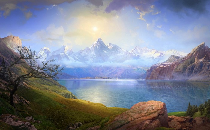 Majestic mountain range reflected in a serene lake at sunrise