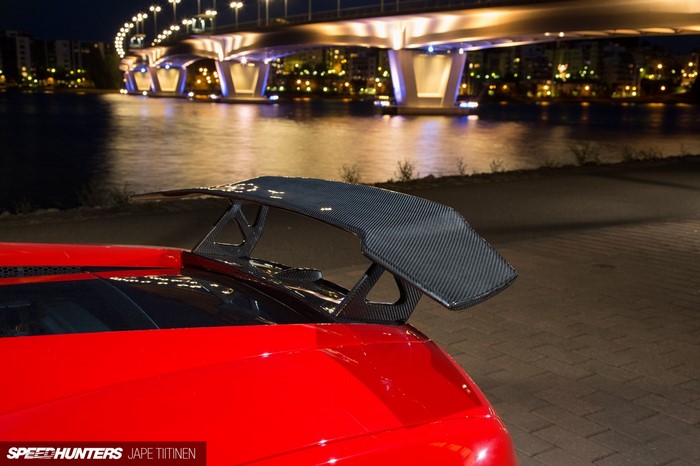 Red Lamborghini Gallardo with Carbon Fiber Spoiler at Night