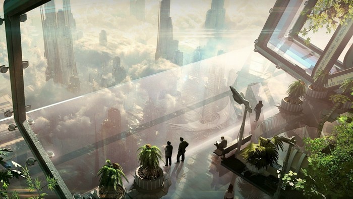 Futuristic city in the clouds with people in a greenhouse