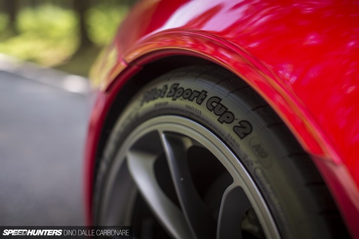 Michelin Pilot Sport Cup 2 tire on a red Porsche