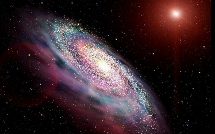 Spiral galaxy with a bright star in space