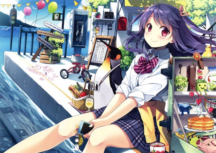 Anime girl with purple hair and school uniform sitting by the water