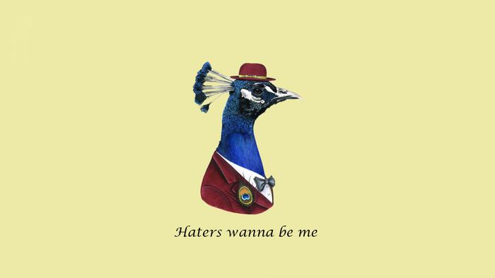 Peacock wearing a suit and hat with text