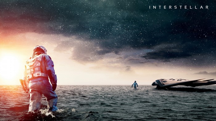 Astronauts in the ocean with a spaceship from Interstellar