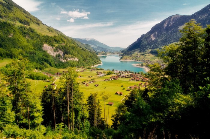 Valley with a lake and mountains