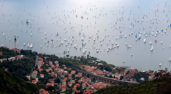 Sailboat race over a coastal town and bay
