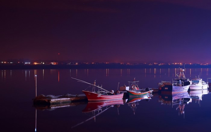 Boats docked at night with city lights on the horizon