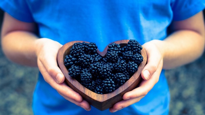 Hands holding a heart-shaped bowl of blackberries