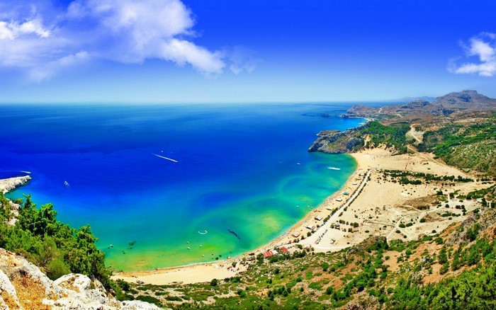 Aerial view of Tsambika Beach, Rhodes, Greece