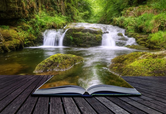 Open book displaying a waterfall in a forest