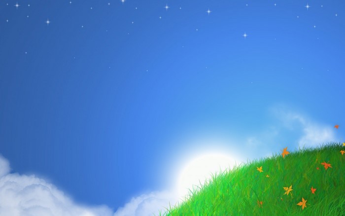 Bright Sun over Grassy Hill with Falling Leaves