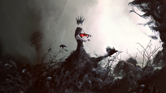 Girl playing violin surrounded by skeletons and crows