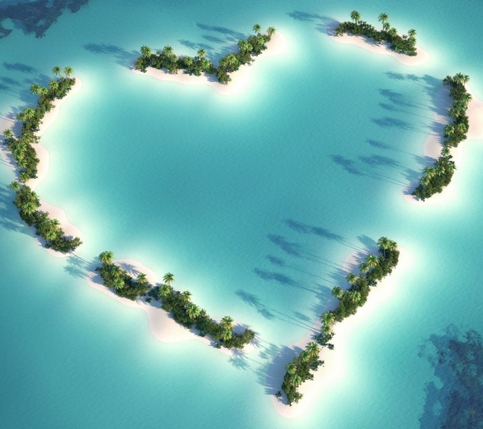 Heart-shaped islands in a turquoise lagoon