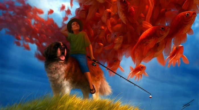 Boy fishing on a dog with goldfish in the sky