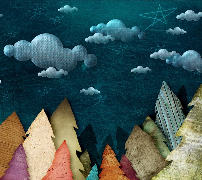 Paper cut forest under starry night sky