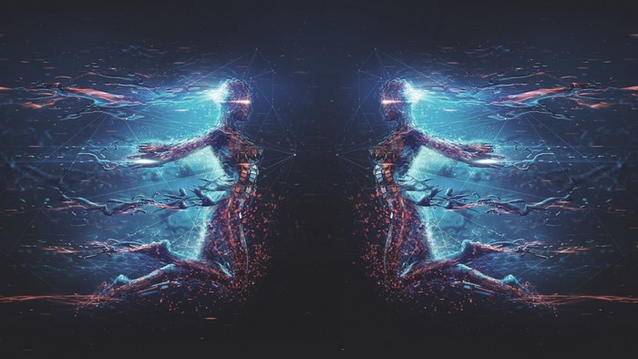 Digital art of abstract humanoids in space