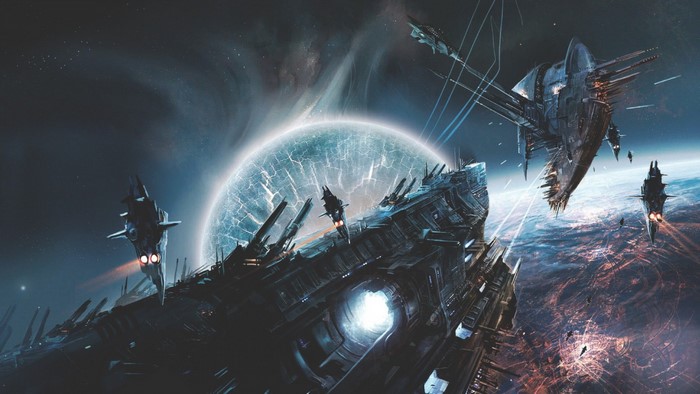 Spaceships orbiting a cracked planet in outer space