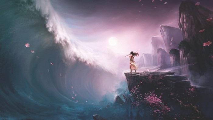 Fantasy art of a person on a cliff overlooking a giant wave
