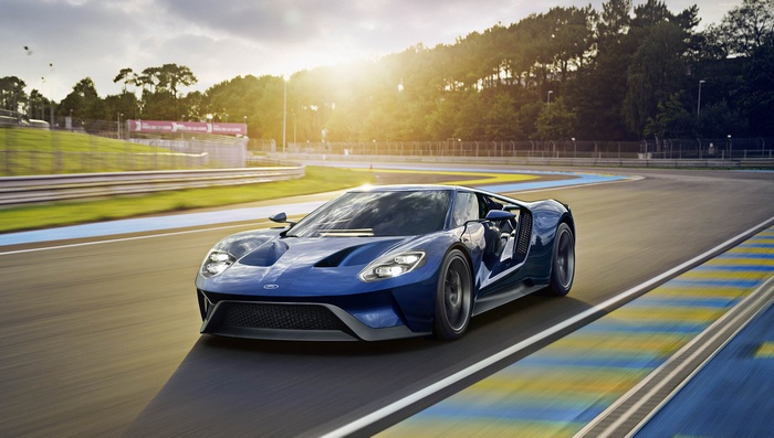 Blue Ford GT Race Car on a Track