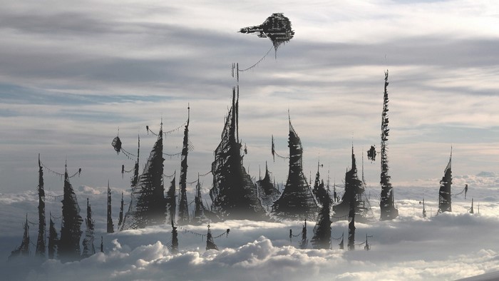 Futuristic city floating in clouds with a spaceship
