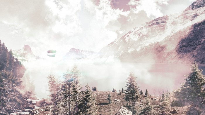 Zeppelin flying over a misty mountain lake with snow-capped peaks