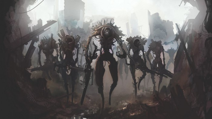 Robotic soldiers in a ruined city