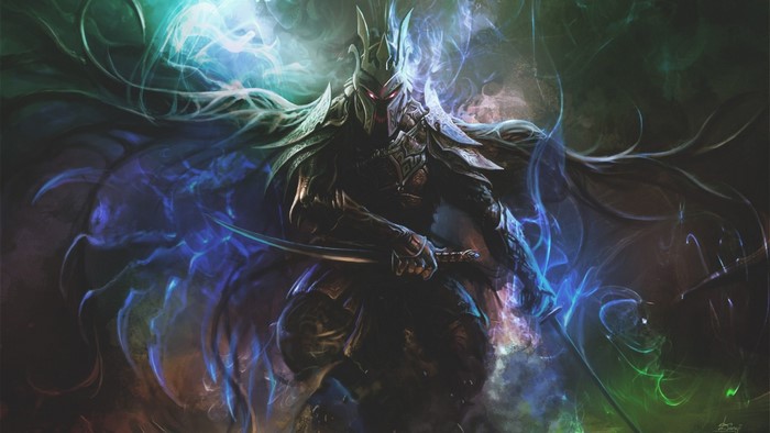 Fantasy warrior with glowing energy and swords